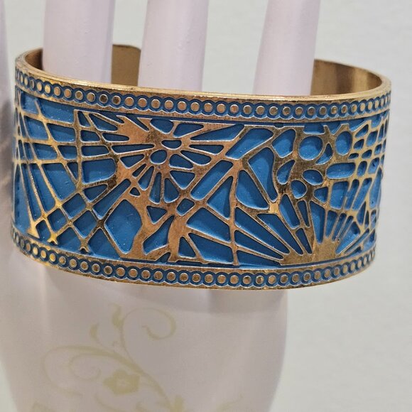 Metropolitan Museum of Art MMA Pine Needle Cuff Bracelet Blue Enamel Gold Tone - Picture 4 of 12